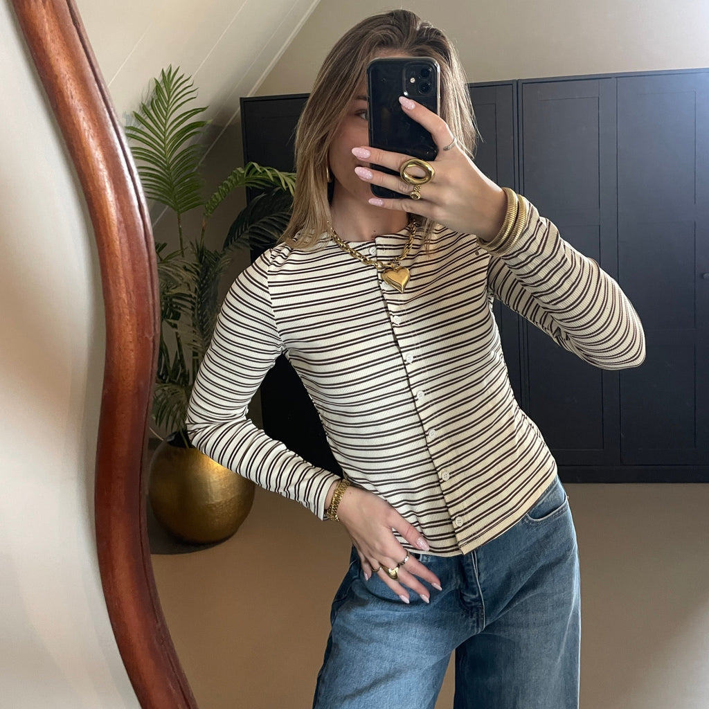 Button Longsleeve Creme/Bruin