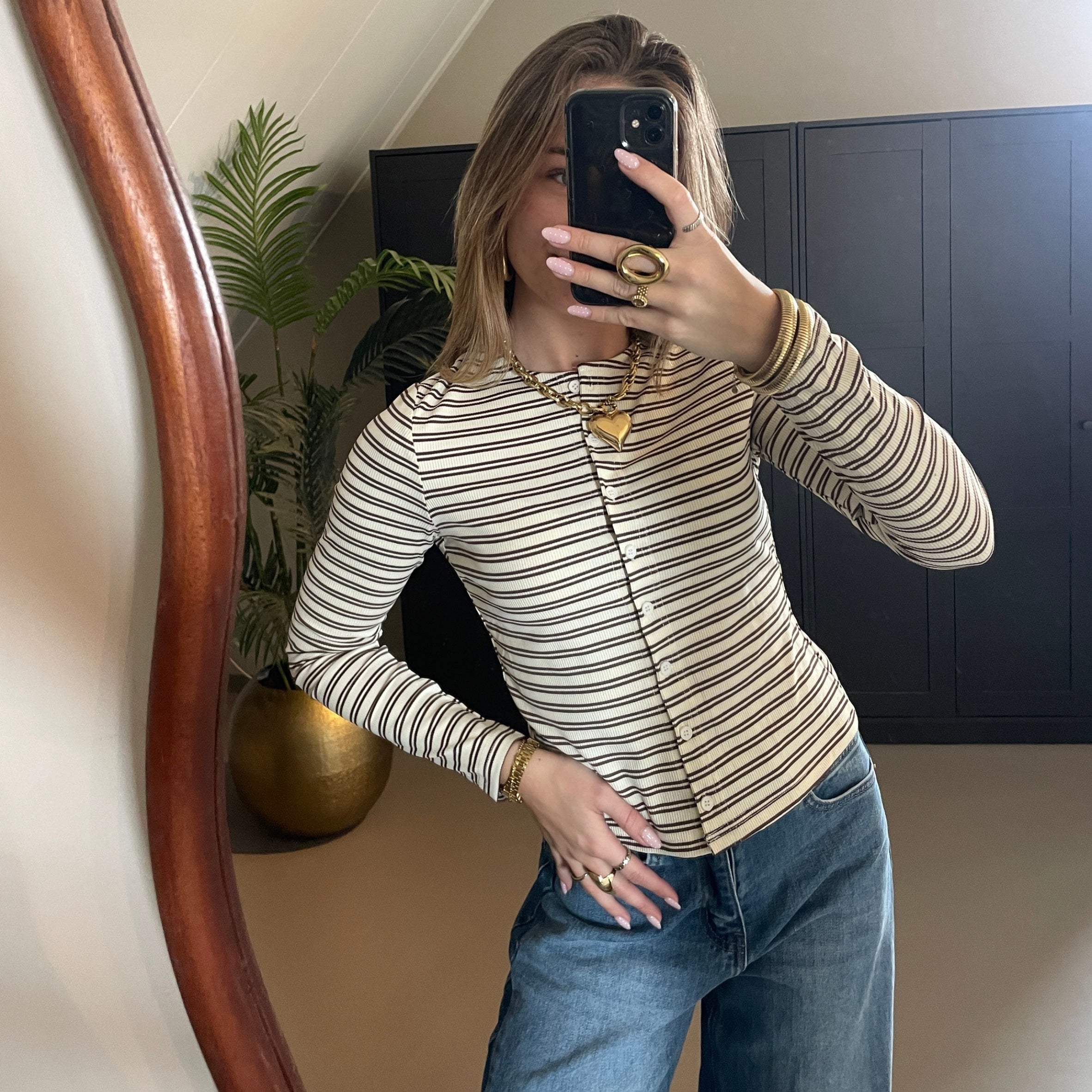 Button Longsleeve Creme/Bruin